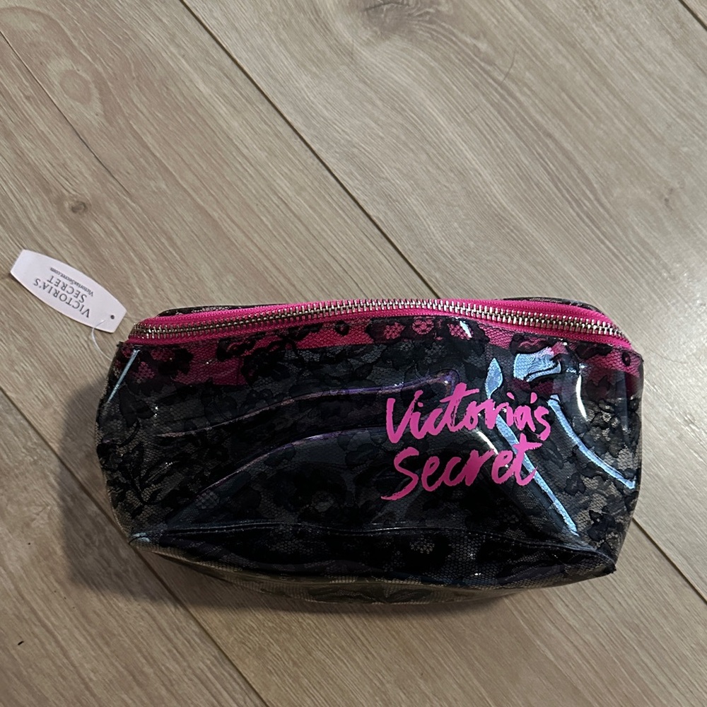 Victoria's Secret Black and Pink Floral Cosmetic Bag